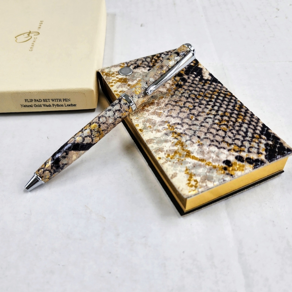 GRAPHIC IMAGE Refillable Italian Leather Python Black Gold Flip Pad Pen Set